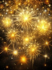 Sparkling gold fireworks exploding in a dark night sky with glitter and starlight effects