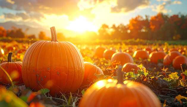 Golden hour sunset illuminates a vibrant pumpkin patch during the autumn harvest season - Powered by Adobe