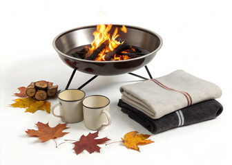 Cozy autumn scene featuring a fire pit with burning logs, mugs, towels, and fall leaves