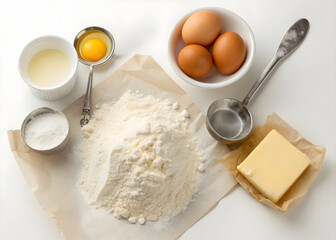 Overhead view showing baking ingredients arranged on a white surface for food preparation