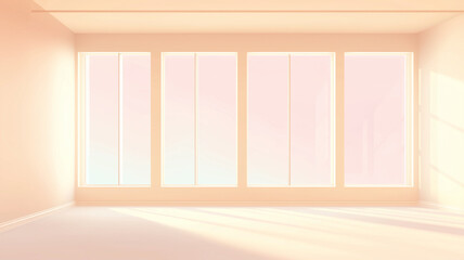 Fototapeta premium Sunlit minimalist pastel room with large windows and warm cream beige gradient light, serene interior mood