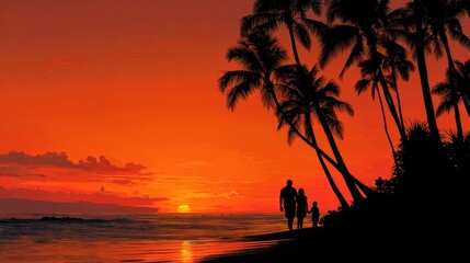 Hawaiian Family Sunset Silhouette. Couple and Children Enjoying Beach Sunset Together