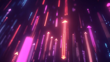 Abstract background with glowing arrows growing upwards, a stock market or business growth concept. Digital rendering of an arrow pointing up on a line graph rising to the top,