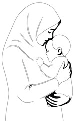 Silhouette of Muslim Mother Hugging Baby Illustration