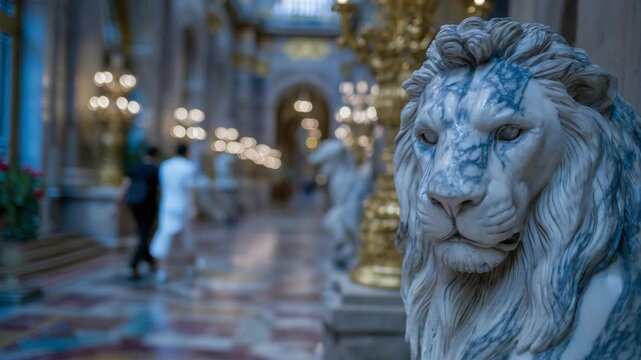 A close-up of a marble lion's fierce expression showcases intricate chisel marks, set against a long hallway adorned with statues and golden sconces.