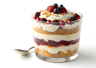 Delicious layered dessert parfait in glass with berries cream and crumble topping treat