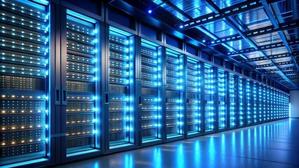 Rows of glowing blue server racks in a modern data center, representing technology and digital infrastructure