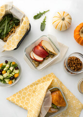 Overhead view showcases healthy lunch containers with fresh salad and autumn produce