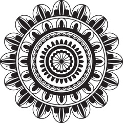 Intricate Mandala Design for Coloring or Decoration. This black and white mandala design features a complex, symmetrical pattern of concentric circles and floral-like elements.