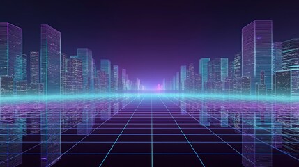 Futuristic Cityscape with Neon Grid Lines