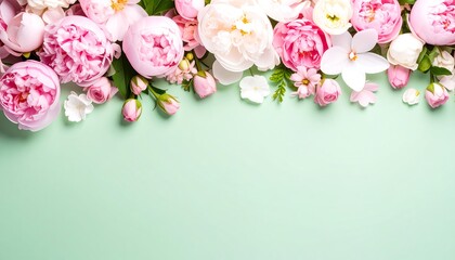 Elegant floral frame of pink and white peonies on a soft green background