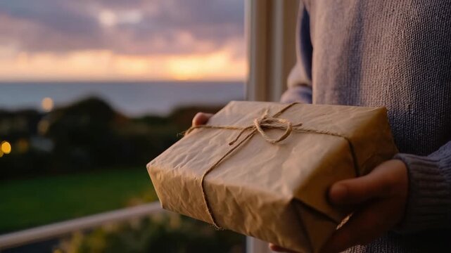 A serene moment of unwrapping a brown paper parcel, set against a glowing orange and pink sky, with warm light accentuating the textured folds and worn string.