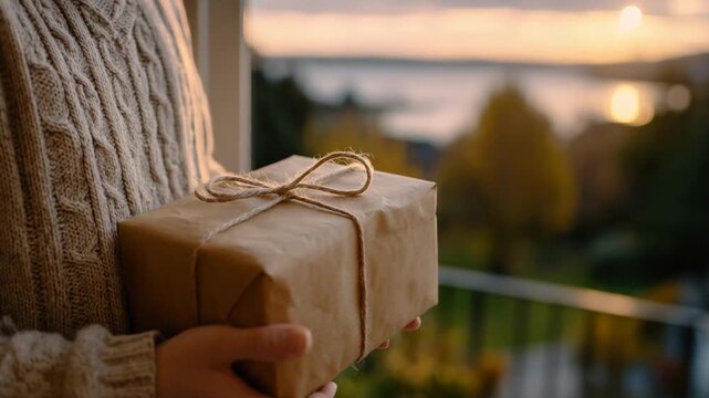 A serene moment of unwrapping a brown paper parcel, set against a glowing orange and pink sky, with warm light accentuating its textured folds and worn string.