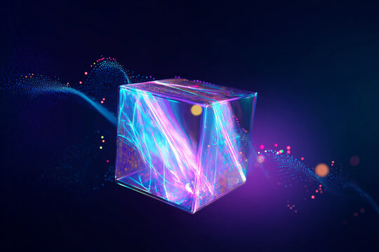 Glowing crystal holographic cube with rainbow light streaks floating on dark background, futuristic and vibrant glow