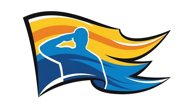 Stylized Blue Silhouette of Person Saluting with Dynamic Yellow and Blue Wave in Background