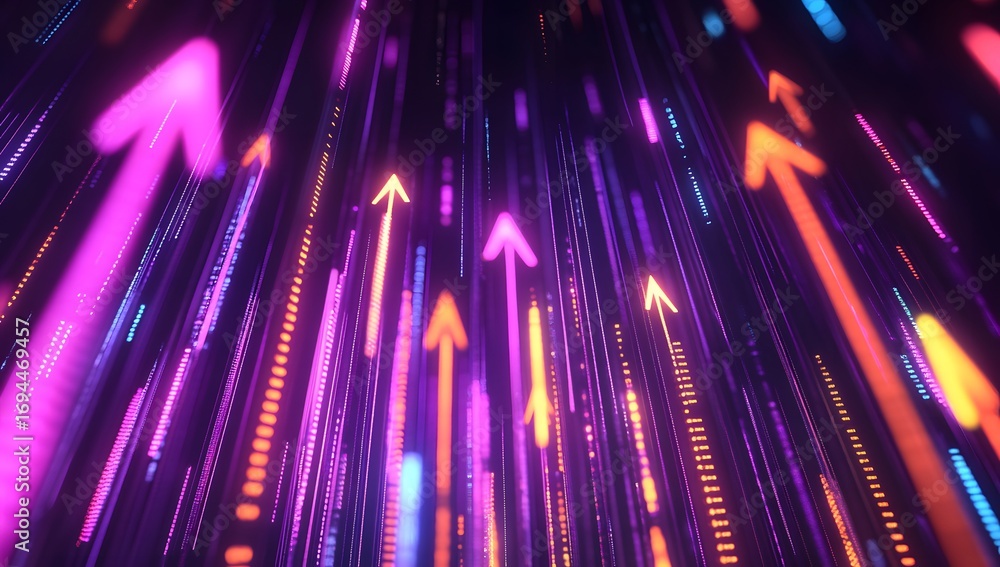 Poster abstract background with glowing arrows growing upwards, a stock market or business growth concept. 