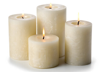Illuminated wax cylinders create a warm ambiance with flickering flames and soft light glow