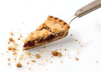 Delicious slice of fruit pie on a server with crumbs scattered on a white surface