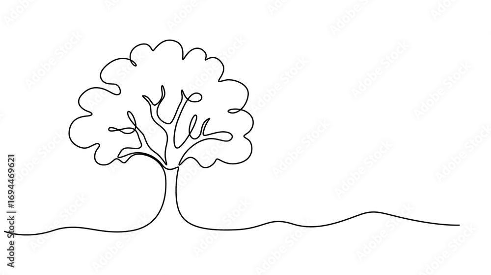 Poster tree vector continuous one line drawing animation, leaves continuous line drawing animated video. pl