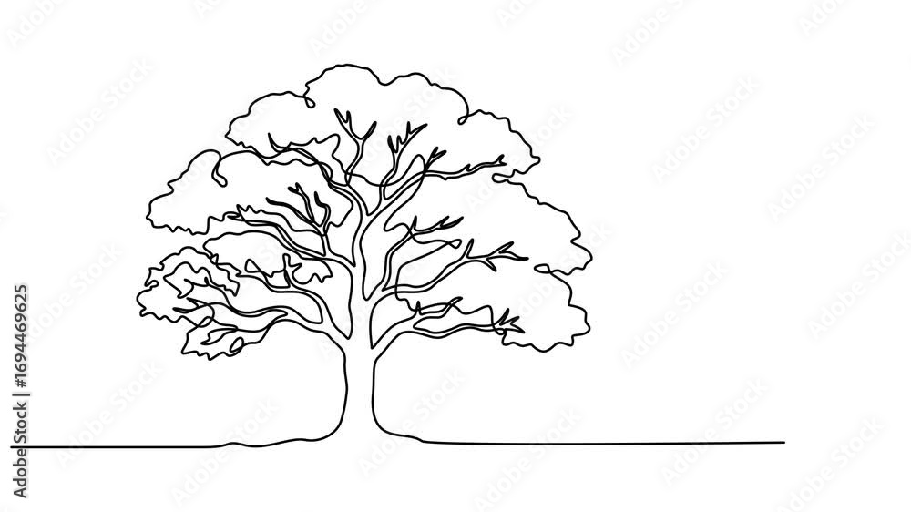 Poster tree vector continuous one line drawing animation, leaves continuous line drawing animated video. pl