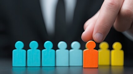 A hand selecting an orange figure from a row of blue and yellow figures.