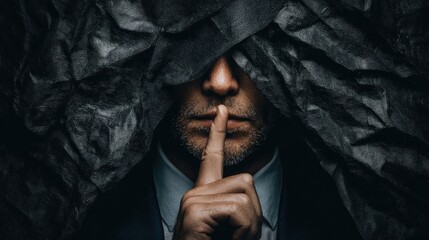 A man with a beard and mustache, wearing a suit, standing in front of a dark, crumpled, textured background, with a finger to his lips, possibly indicating silence or secrecy.