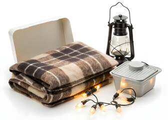 Cozy plaid blanket folded with lantern and string lights for camping or outdoor decor