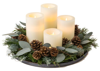 Festive candle centerpiece features glowing white candles and natural pinecone accents