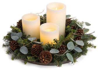 Festive holiday centerpiece featuring glowing candles pinecones and evergreen foliage decor