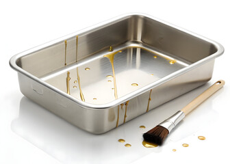 Shiny metal baking pan with drips of glaze and a pastry brush for baking preparation use