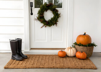 Festive fall front porch decor with pumpkins wreath boots and doormat welcomes autumn season