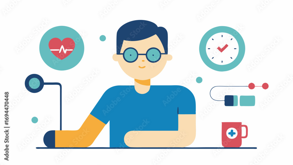 Poster blood pressure indicator a user sitting calmly with their arm extended with glasses displaying an an