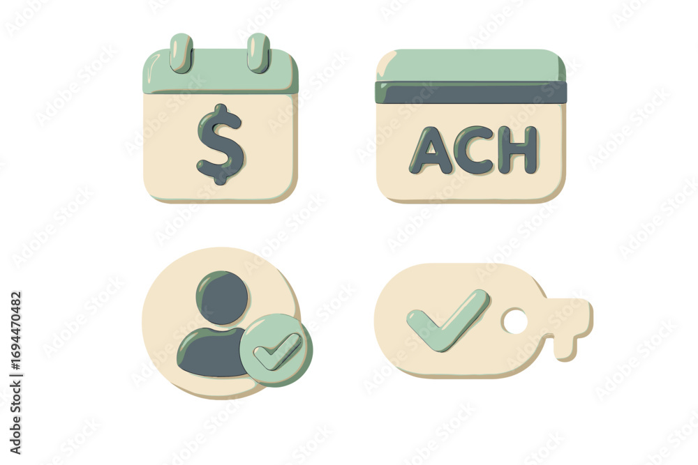 Poster 3d icon set for finance and security with symbols for ach payment, user verification, secure access,