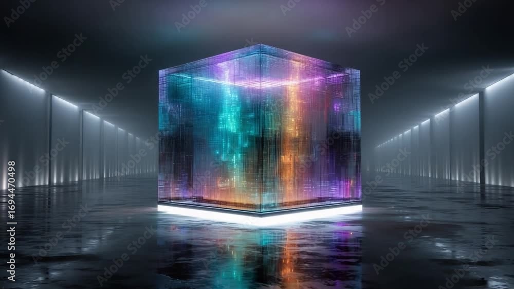 Poster illuminated cube: a mesmerizing, digitally rendered scene showcases an extraordinary, multi-colored,