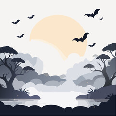 Naklejka premium Mysterious twilight landscape with silhouetted trees and bats flying under a pale moonlit sky