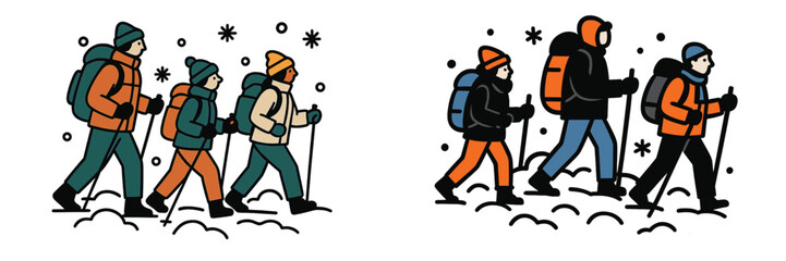 Fototapeta premium Two groups of diverse people hiking in the snow with backpacks and trekking poles isolated on a white background