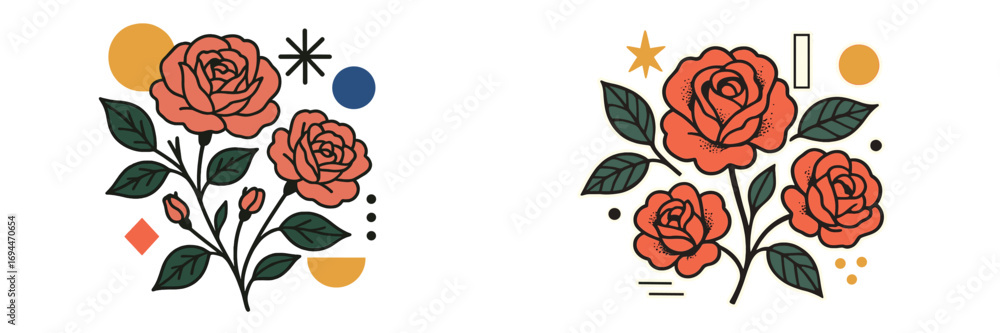 Poster set of two modern rose flower compositions with abstract geometric shapes isolated on a white backgr
