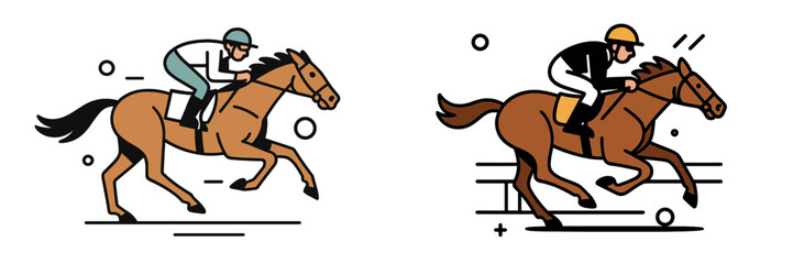 Two jockeys in an equestrian horse race competition, one galloping on a flat track and one jumping an obstacle