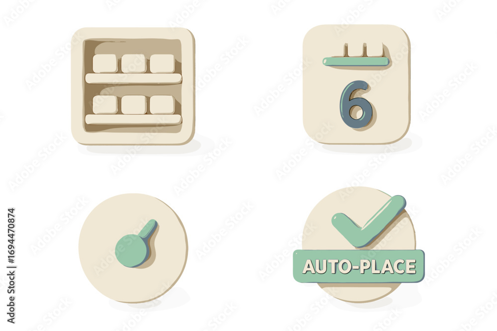 Poster set of 3d user interface icons for web and mobile apps including a calendar, clock, checkmark, and a