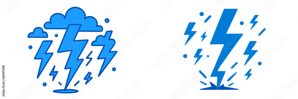 Poster blue lightning bolt and thunderstorm icon set for weather forecast and energy concepts isolated on a