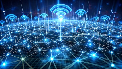 Expansive digital network visualization with glowing blue nodes and connecting lines forming a globelike structure, symbolizing global connectivity and data transfer