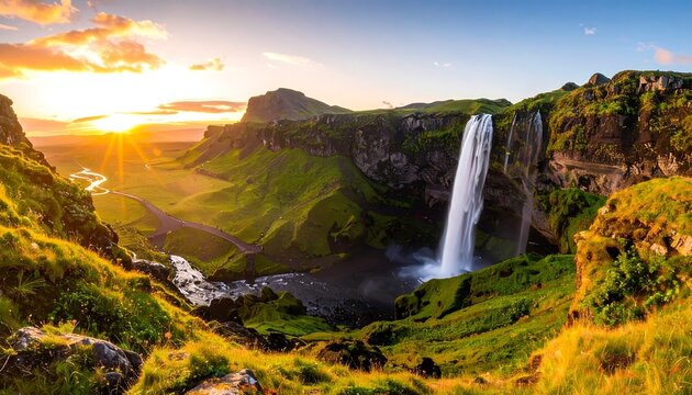 Dramatic waterfall at sunrise