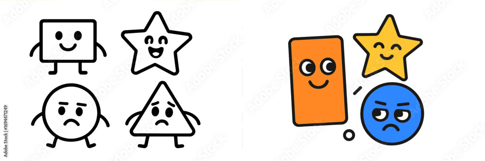 Aufkleber set of cute geometric shape characters with various emotions like happy, sad, and angry in both line