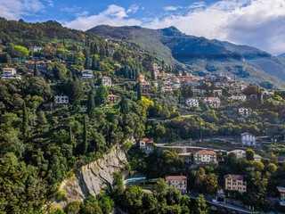 Obraz premium Aerial landscape of Varenna villa Lago di Como Lake in Italian Alps fall in Lombardy Italy