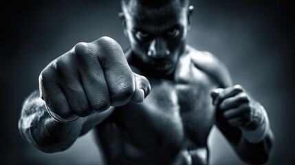 Fototapeta premium A muscular man in a black and white photo, with his fists clenched and his eyes focused, ready to fight.