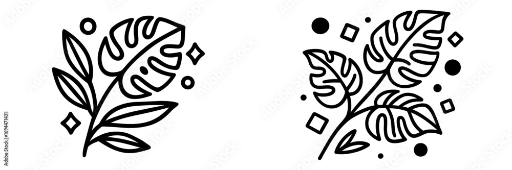 Aufkleber set of two minimalist monstera leaf compositions in a bold line art style with abstract geometric sh