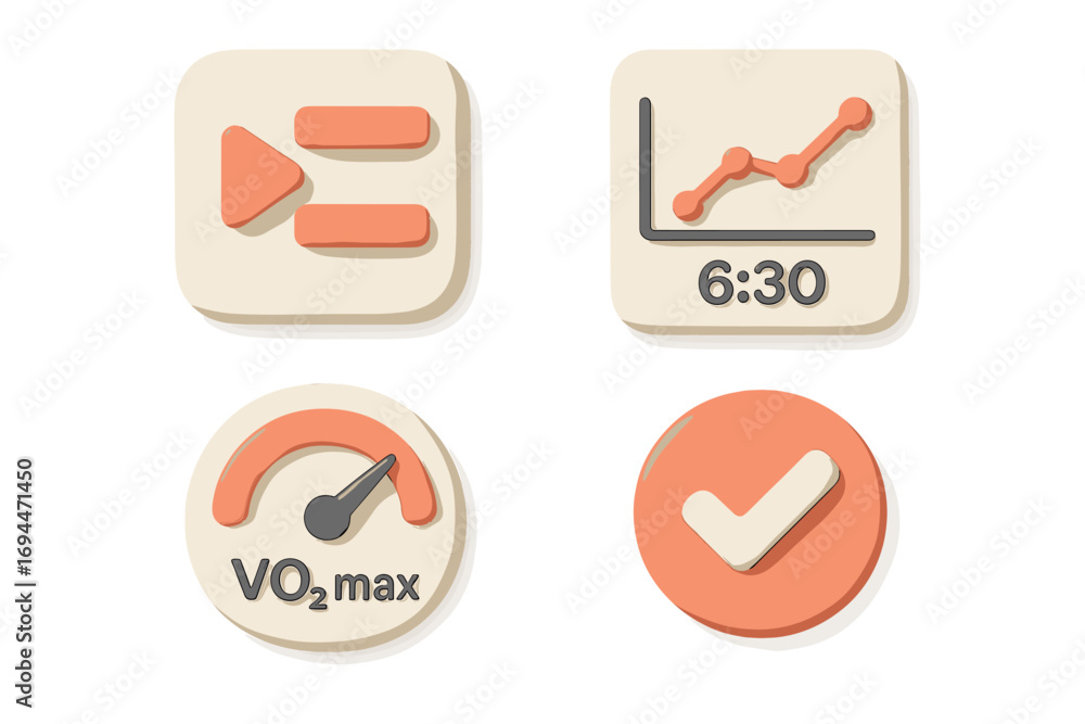 Poster fitness tracker ui elements with vo2 max meter, workout progress chart, and completion checkmark ico