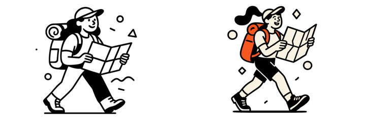 Woman hiker with a backpack and map walking on a trail for adventure travel and exploration, isolated character design set in color and monochrome