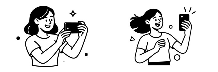 A happy young woman taking a selfie and a photo with her smartphone in a minimalist black and white line art style