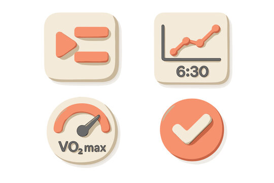 Fitness tracker UI elements with VO2 max meter, workout progress chart, and completion checkmark icon set for health app design